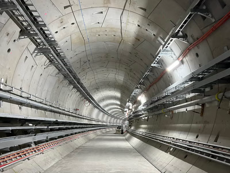 Melbourne Metro Tunnel interior — completed tunnel bore with rail track and services installed