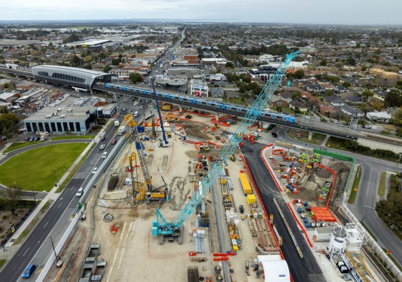 Suburban Rail Loop construction — aerial view of station and tunnelling works, Melbourne